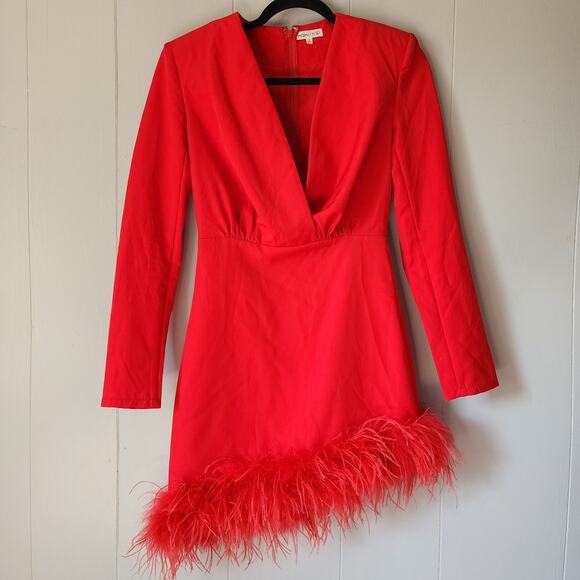Main Strip Vegas Flapper Part Feather Red Plunge Mini Dress Small - Picture 1 of 10